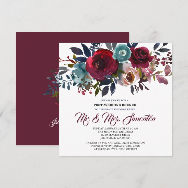 Red Burgundy Floral Post-Wedding Brunch Invitation (Front/Back)