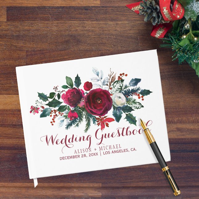 Red burgundy floral winter wedding guestbook (Creator Uploaded)