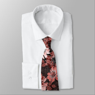 Red, burgundy flowers on a dark brown tie