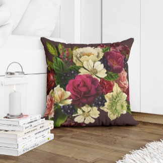Red burgundy garnet green and cream flowers cushion