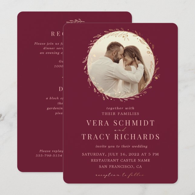  Red Burgundy Gold  All in one Photo Rsvp Wedding Invitation (Front/Back)