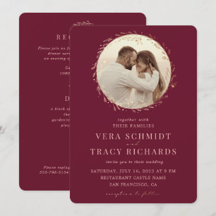 Red Burgundy Gold All in one Photo Rsvp Wedding Invitation