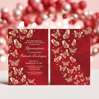 Red Burgundy Gold Butterfly Mis Quince 15 birthday Invitation