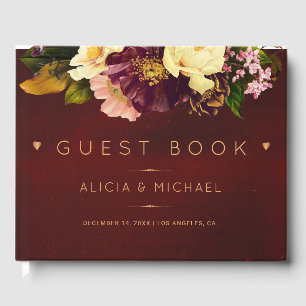 Red burgundy gold copper floral winter wedding guest book