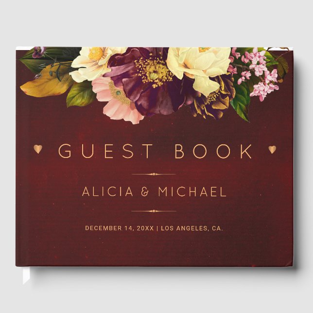 Red burgundy gold copper floral winter wedding guest book (Front)