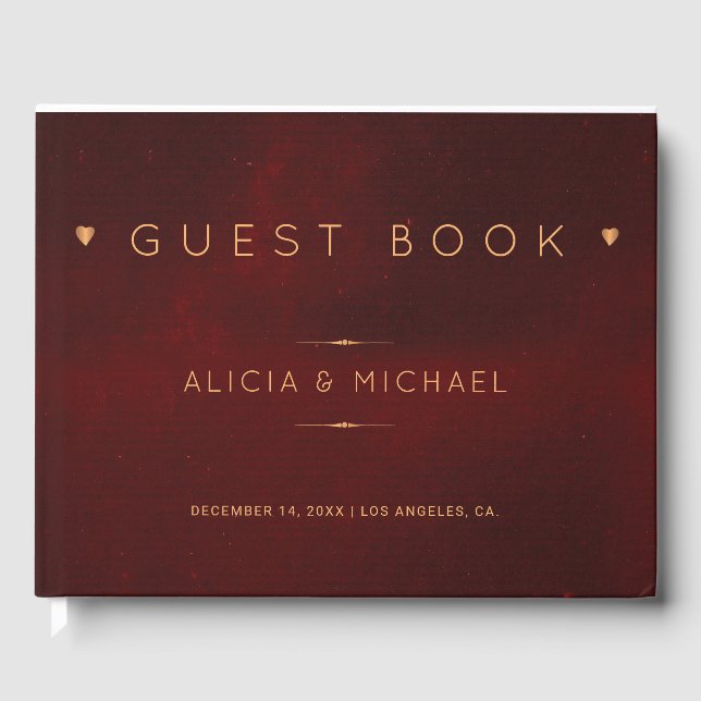Red burgundy gold copper glam winter wedding guest book (Front)