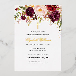Red Burgundy Gold Floral Cross Girl Baptism