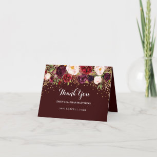 Red Burgundy Gold Floral Wedding Thank You Card