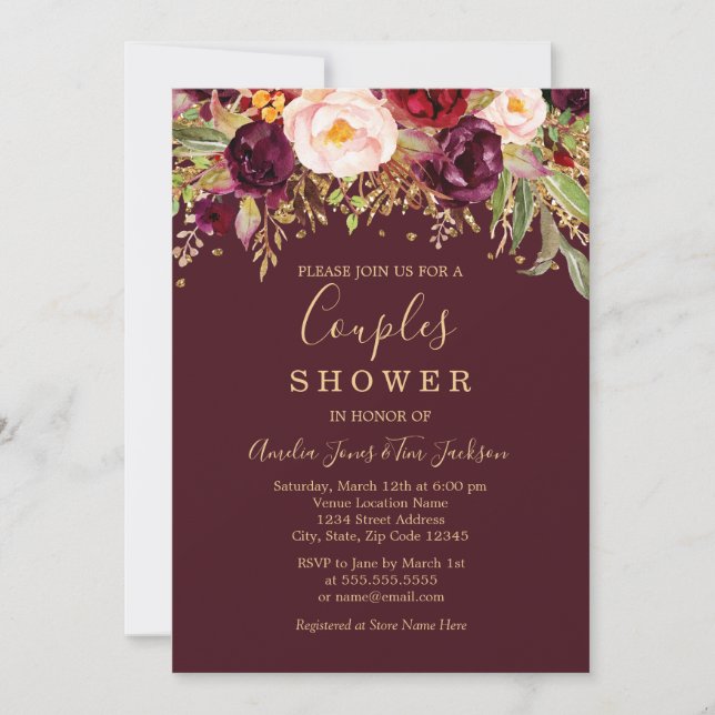 Red Burgundy Gold Glitter Floral Couples Shower Invitation (Front)