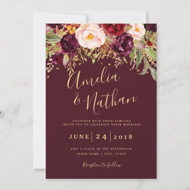 Red Burgundy Gold Glitter Floral Wedding Invitation (Front)