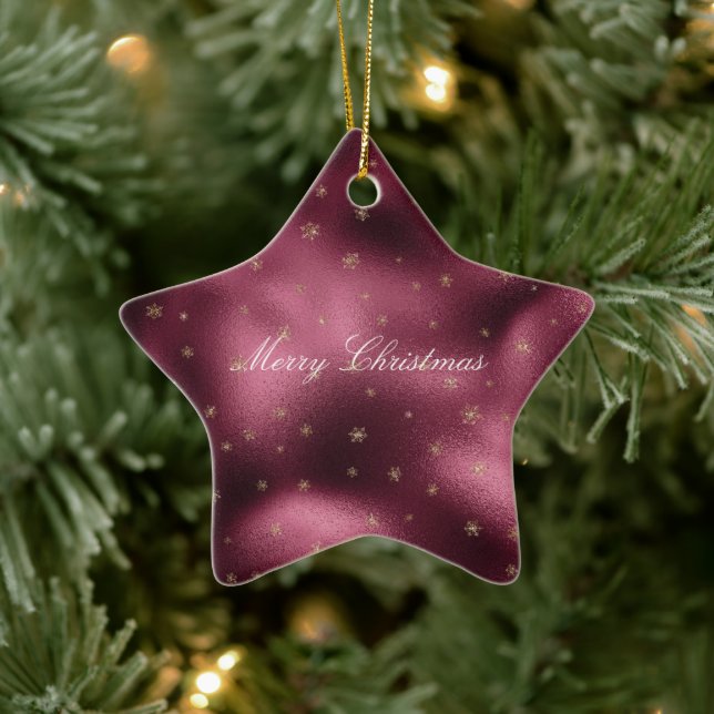Red Burgundy Gold Glitter Snowflakes   Ceramic Tree Decoration (Tree)