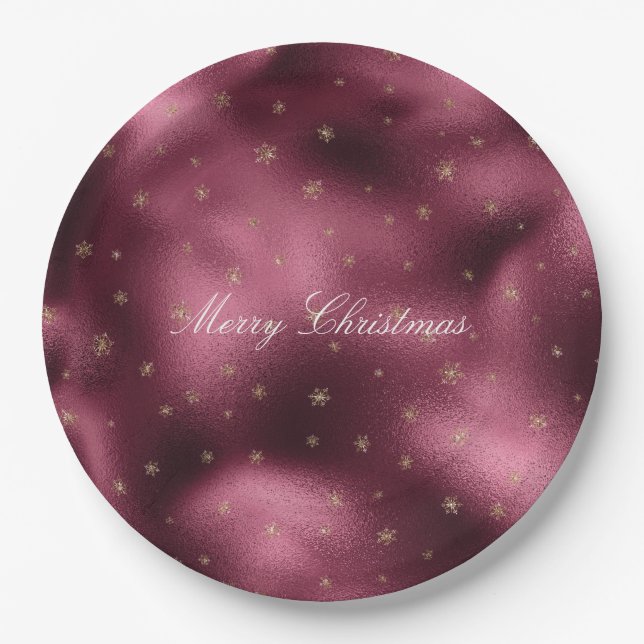 Red Burgundy Gold Glitter Snowflakes     Paper Plate (Front)