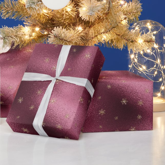 Red Burgundy Gold Glitter Snowflakes   Wrapping Paper (Holidays)