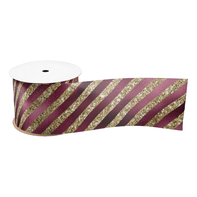 Red Burgundy Gold Glitter Stripes  Satin Ribbon (Spool)