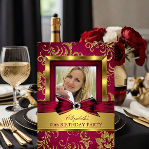 Red Burgundy Gold Photo Birthday Party Invitation