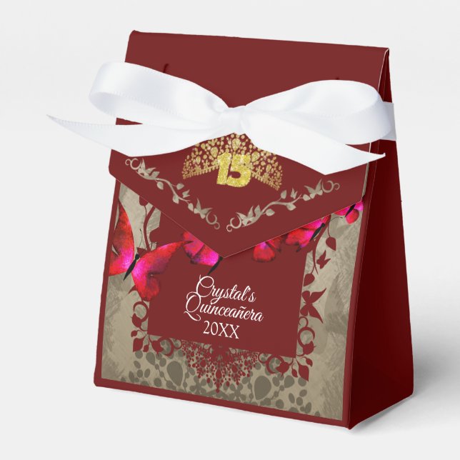 Red, Burgundy, Gold Tiara Quinceanera Favour Box (Front Side)