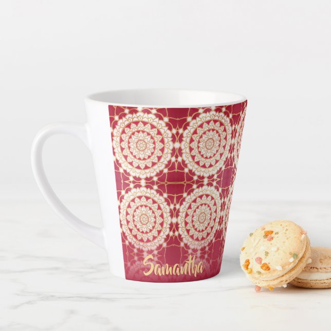 Red Burgundy Gold White Mandala Pattern Latte Mug (In Situ)