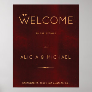 Red burgundy gold winter wedding Welcome Sign