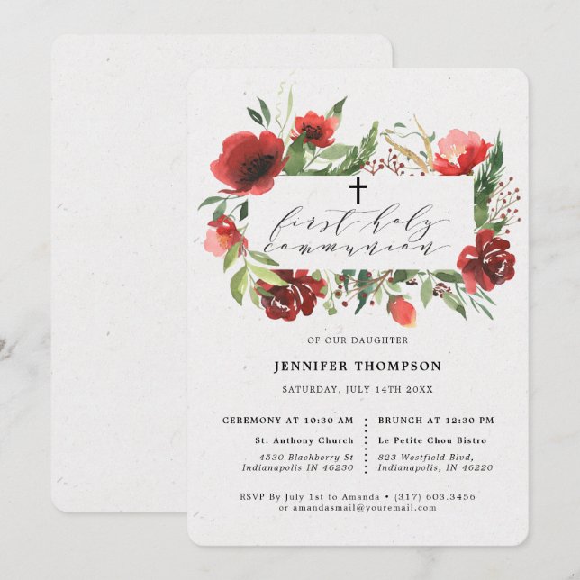 Red Burgundy Greenery Eucalyptus First Communion Invitation (Front/Back)