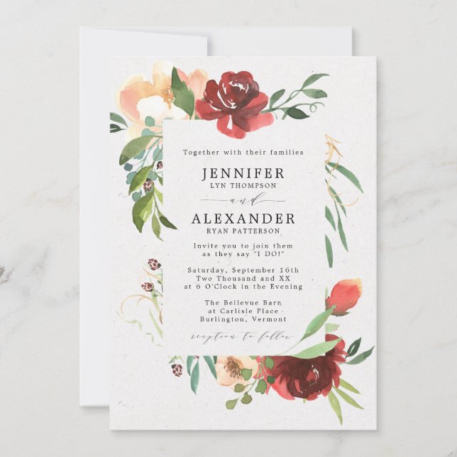 Red Burgundy Greenery Eucalyptus Floral Wedding Invitation (Front)