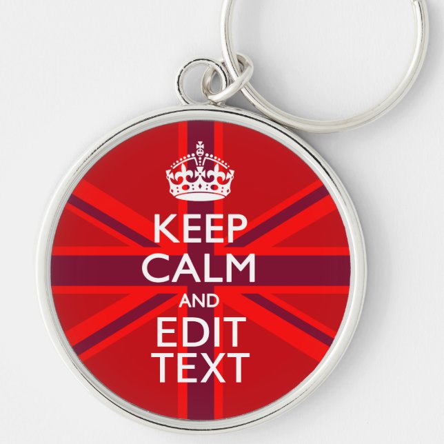 Red Burgundy Keep Calm Your Text Union Jack Flag Key Ring (Front)