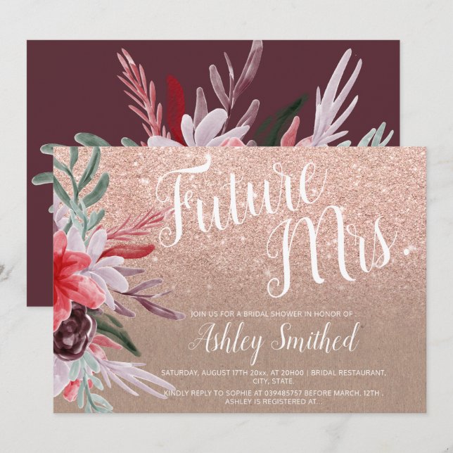 Red burgundy kraft floral glitter bridal shower invitation (Front/Back)