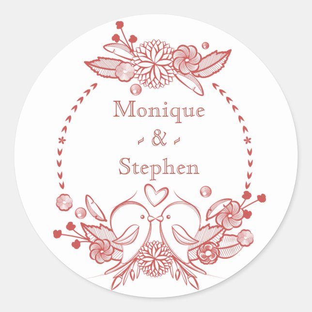 Red Burgundy LoveBirds Floral Personalised Name Classic Round Sticker (Front)