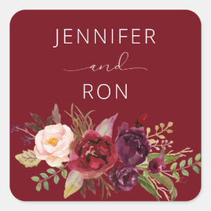 Red Burgundy Marsala Floral Name Square Square Sticker