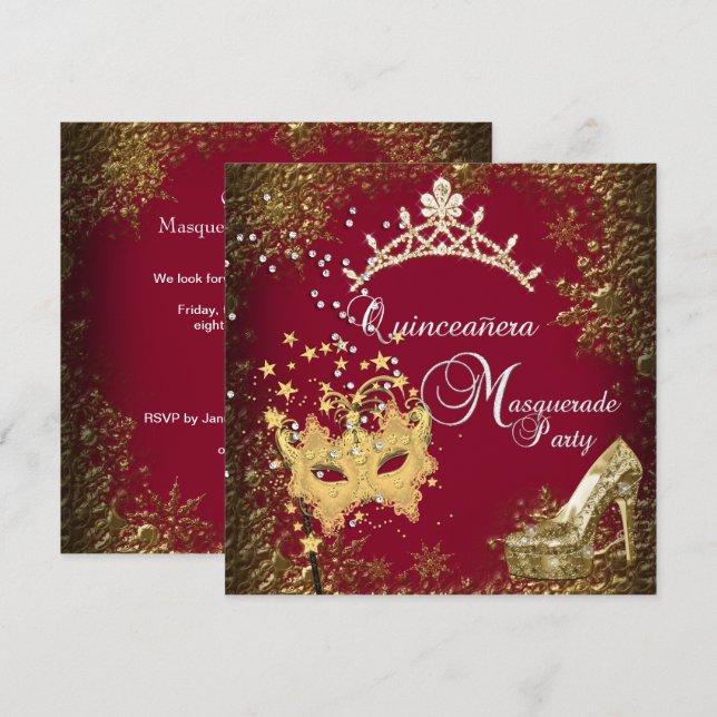 red/burgundy Masquerade Quinceanera 15th Party Invitation (Front/Back)