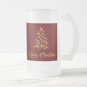 Red Burgundy Merry Christmas Golden Tree Frosted Glass Beer Mug