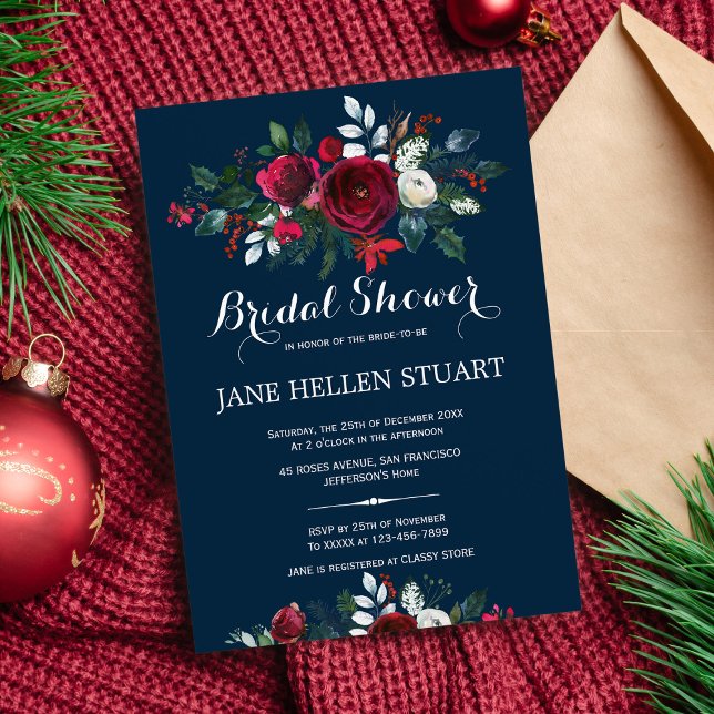 Red burgundy navy blue winter floral bridal shower invitation (Creator Uploaded)