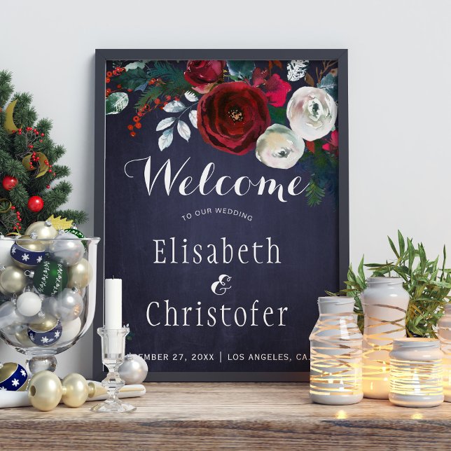 Red Burgundy Navy Blue Winter Wedding Welcome Sign (Creator Uploaded)
