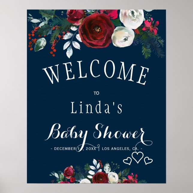 Red Burgundy Navy Rustic Winter Floral Baby Shower Poster (Front)