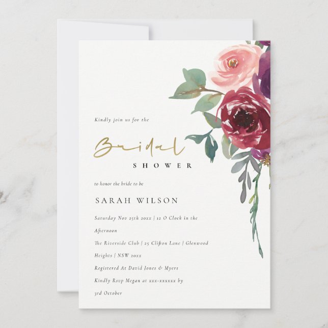 RED BURGUNDY PEACH  FLORAL BRIDAL SHOWER INVITE (Front)