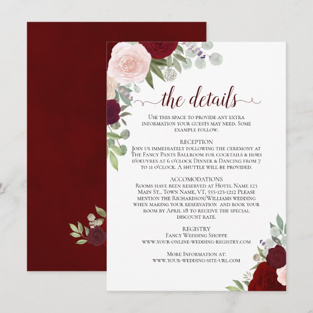 Red Burgundy & Pink Roses Rustic Wedding Details Enclosure Card (Front/Back)