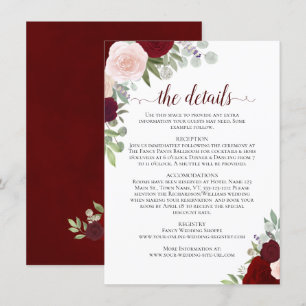 Red Burgundy & Pink Roses Rustic Wedding Details Enclosure Card
