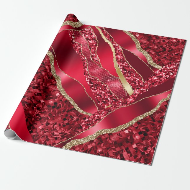 Red burgundy plum wine glitter metallic foil chic wrapping paper (Unrolled)