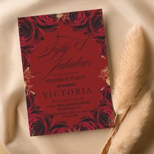  Red Burgundy Rose 50th & fabulous Birthday Party Invitation