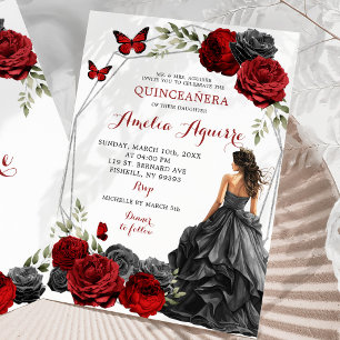 Red Burgundy Roses Black Dress Quinceañera Invitation