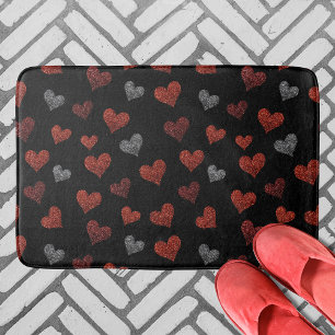 Red Burgundy Silver Glitter Hearts on Black Bath Mat