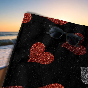 Red Burgundy Silver Glitter Hearts on Black Beach Towel
