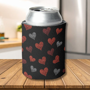 Red Burgundy Silver Glitter Hearts on Black Can Cooler