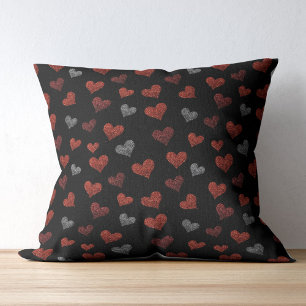 Red Burgundy Silver Glitter Hearts on Black Cushion