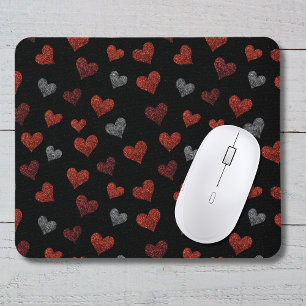 Red Burgundy Silver Glitter Hearts on Black Mouse Mat