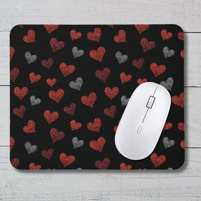 Red Burgundy Silver Glitter Hearts on Black Mouse Mat (Creator Uploaded)