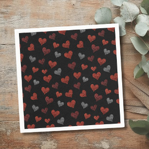 Red Burgundy Silver Glitter Hearts on Black Napkin