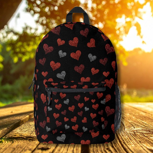 Red Burgundy Silver Glitter Hearts on Black Printed Backpack (Creator Uploaded)