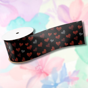 Red Burgundy Silver Glitter Hearts on Black Satin Ribbon
