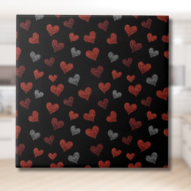 Red Burgundy Silver Glitter Hearts on Black Tile (Creator Uploaded)