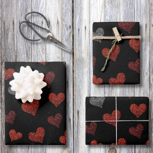 Red Burgundy Silver Glitter Hearts on Black Wrapping Paper Sheet